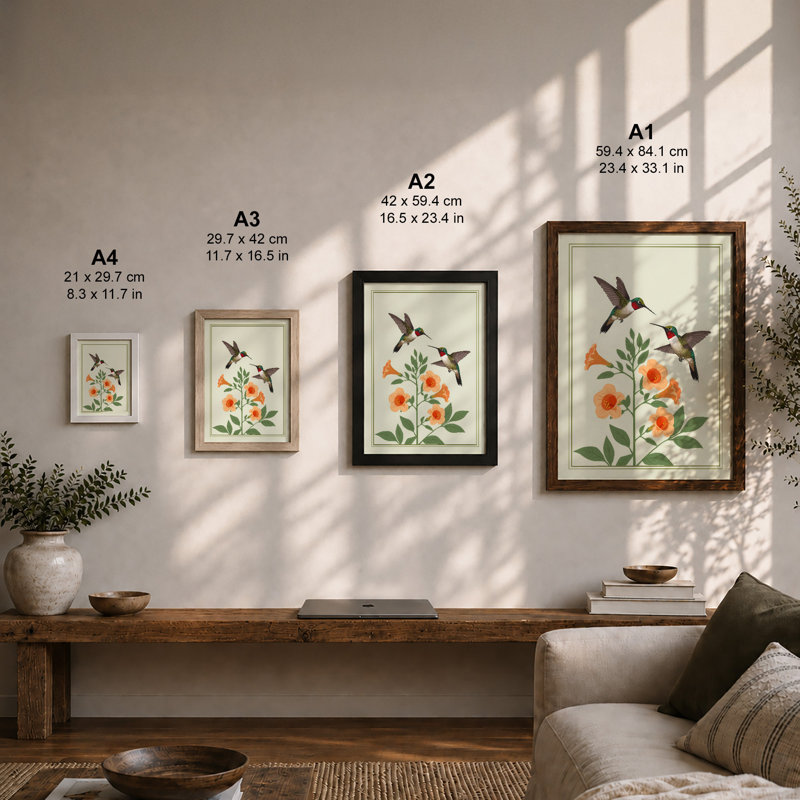 Hummingbirds at Bloom Botanical - Framed Print, Black, A4 - 29.7 x 21.0 cm