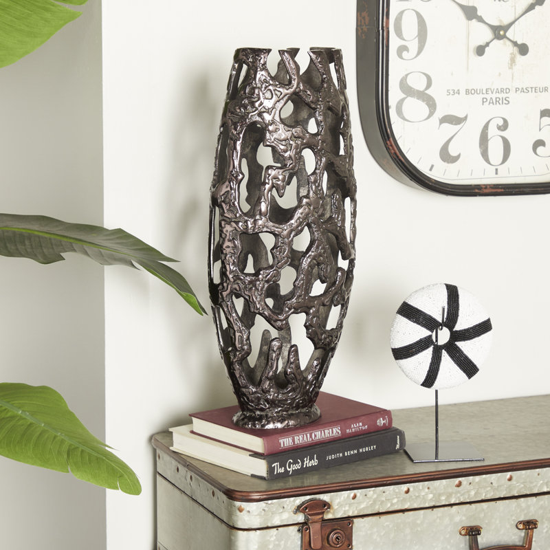 Aluminum Metal Decorative Vase with Cut Out Designs, Black