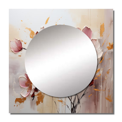 Divleen - Pink And Beige Black Flower Wave Fusion Abstract Shapes Square Mirror Wall Art For Bathroom