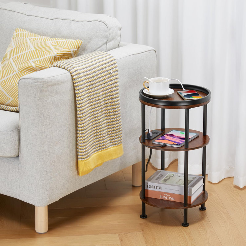 Round Accent Table - 3-Tier Charging Side Table with Power Outlets for Small Spaces, Dark Wooden