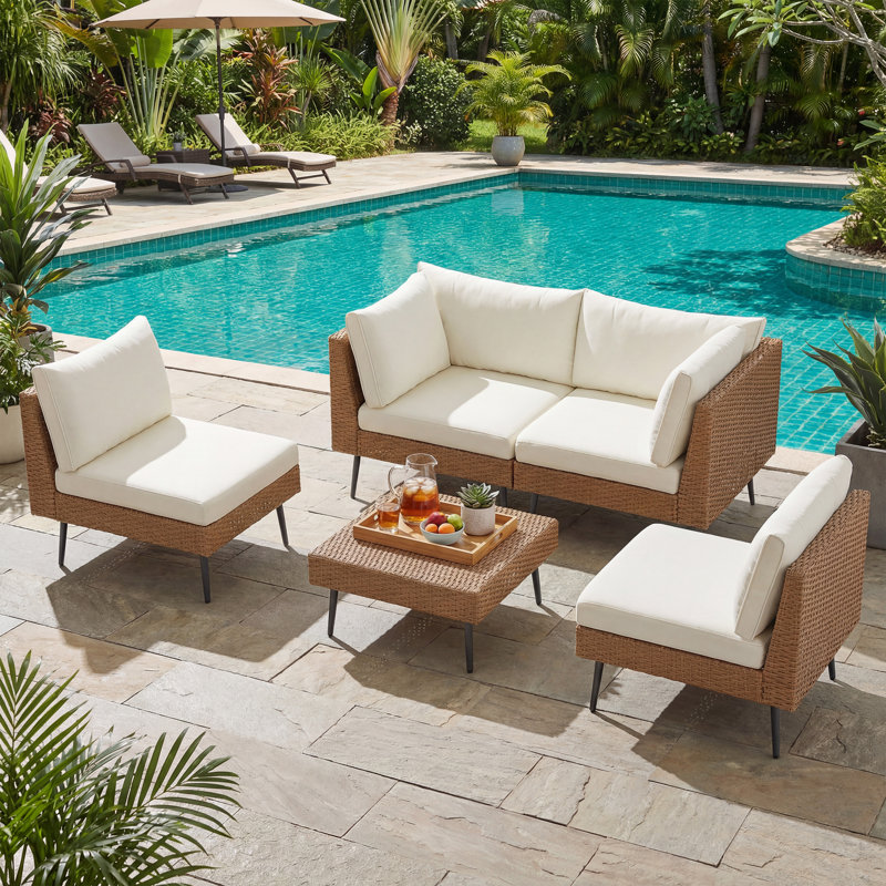 Ensemble de conversation modulaire en osier pour terrasse pour 4 personnes avec coussins
