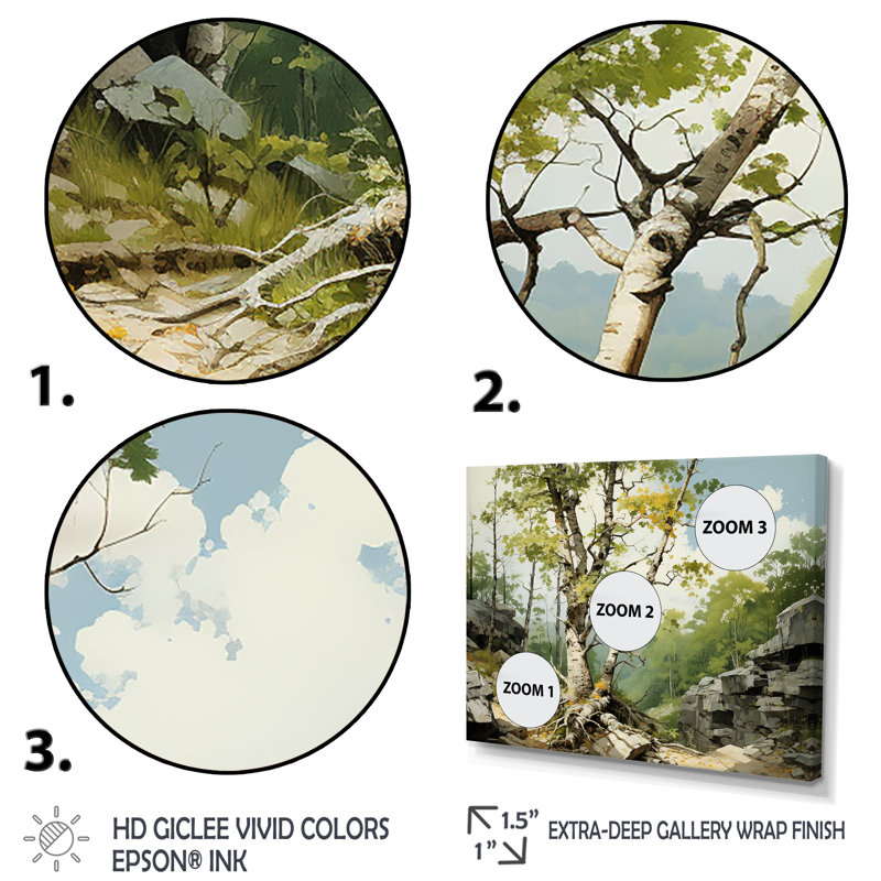 Birch Tree Forest Essence 4 - Art mural arbre, Cadre flottant brun, H 16 po x l 32 po x P 1 po