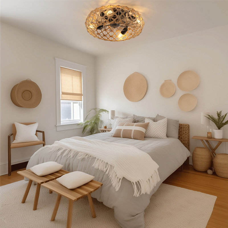 Ceiling-Mounted Jute Rope Fan Light Strip With 4 Bulbs, Dimmable, 7 Dlades, Reversible Dc Motor