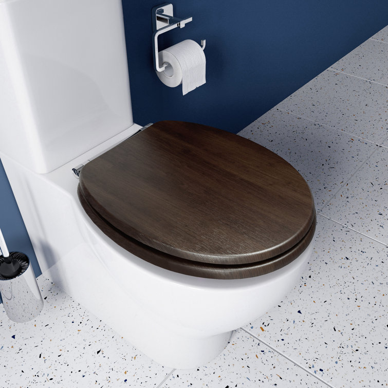 Croydex Montoro Flexi-Fix Soft Close Wooden Toilet Seat - Quick Release Button for Easy Cleaning and Adjustable Hinges with Top and Bottom Fixings, Antibacterial Heavy Duty Toilet Seat (Walnut Effect)