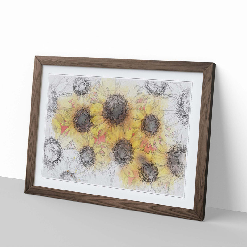 Wall of Yellow Sunflowers in Abstract - Picture Frame Graphic Art Print, 50cm H x 76cm W x 2cm D, Walnut