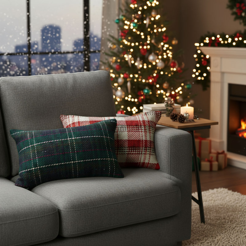 Farmhouse-style Green Plaid Pillowcase Set (2 Pieces), 12x20 Inch Knit Fabric, For Winter And Christmas Atmosphere, Comfortable And Skin-friendly, Suitable For Sofa Bed Decorations.
