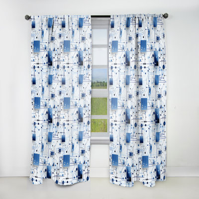 Industrial Blue Matrix Geometric Pattern - Abstract Curtain - Velvet Room Darkening - 1 Panel