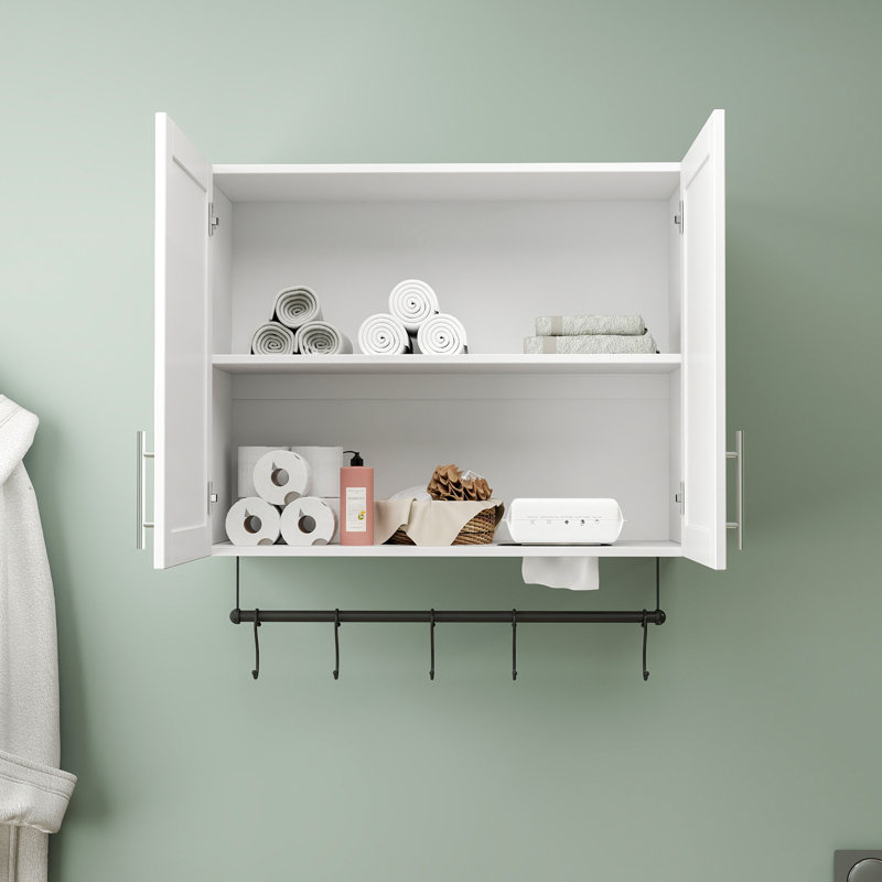 Bathroom Wall Cabinet With Adjustable Shelf, Towel Rack, 5 Hooks - White, 15Mm Particle Board 3Mm , Over Toilet Space Utilization, 32.05*11.87*30.12In Cabinet, Hooks, Board, Bathroom, Kitchen, Utility