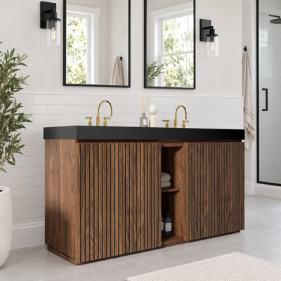 Meuble-lavabo sur pied de 152 cm (60 po) avec lavabo, robinetterie à 3 trous, grand espace de rangement, lavabo monobloc pour salle de bain moderne, sans bonde ni robinetterie.