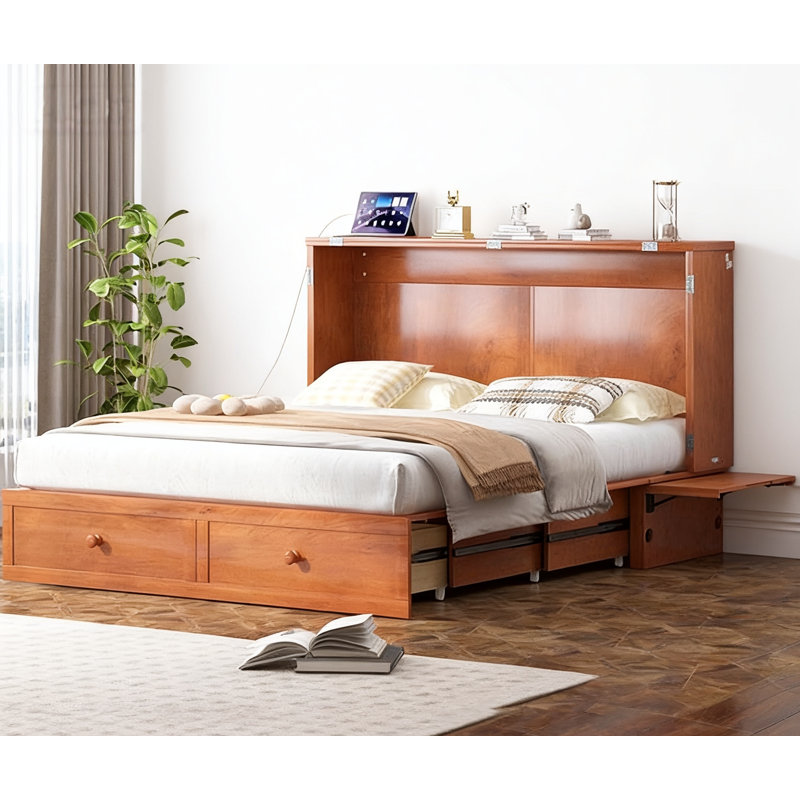 Queen Solid Wood Murphy Bed with USB & Large Storage Drawer(Mattress Not Included), Cherry