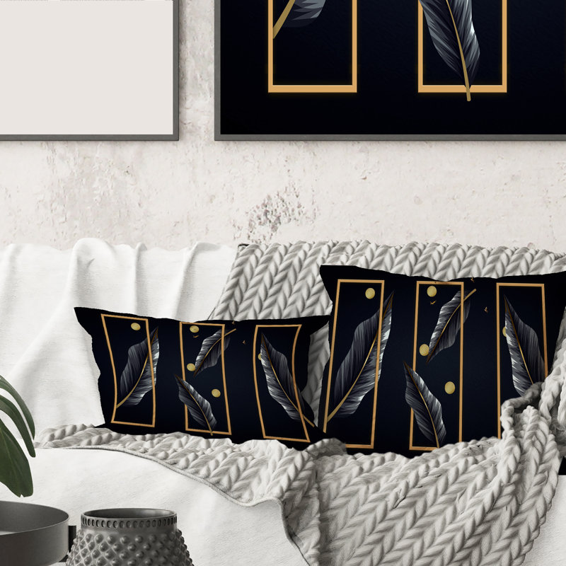 Rectangle, feuilles tropicales noires avec rectangles dorés - Coussin décoratif imprimé moderne