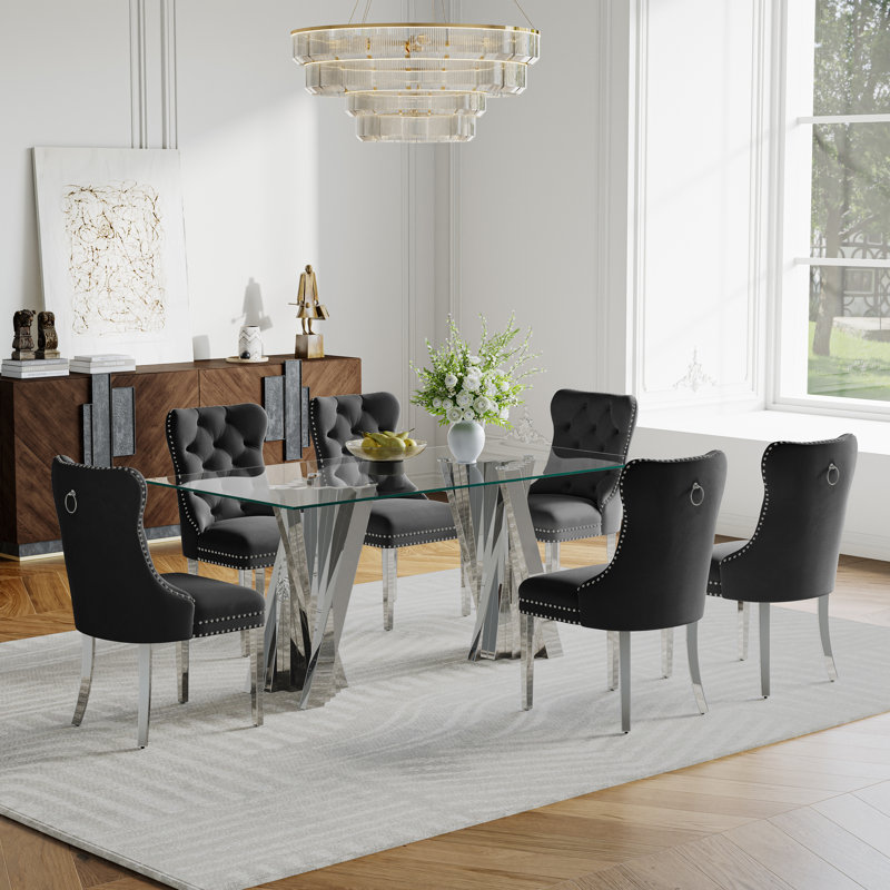 7-Piece Modern Dining Set – 70" Glass Dining Table With Stainless Steel Base & 6 Velvet Dining Chairs, Silver, Black/Silver