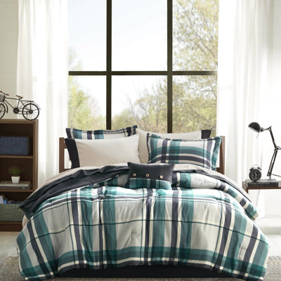 Édredon pour grand lit en microfibre 9 pièces à motif écossais noir sarcelle - preuve, contraste sur draps