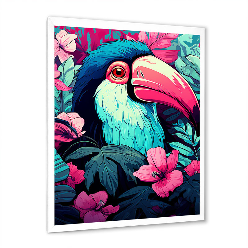Toucans roses et bleus tropicaux - art mural Toucan, H 32 po x l 16 po x P 1 po, Cadre simple blanc