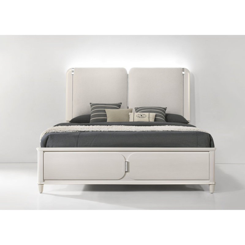 Élégant grand lit gris avec DEL blanc perle, tête de lit rembourrée rembourrée, structure en bois synthétique, pieds en acrylique chic, fabrication de sommier tapissier contemporain et doux, nécessaire