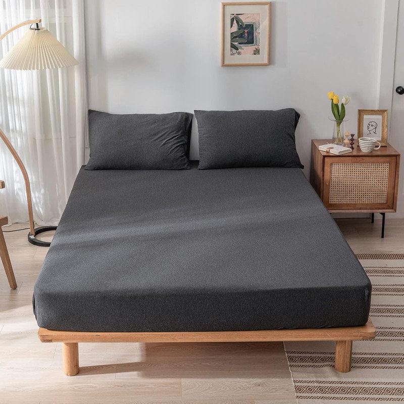 Drap-housse en coton tricoté 3 pièces DONEUS, Gris anthracite, Drap-housse grand avec 2 taies d'oreiller