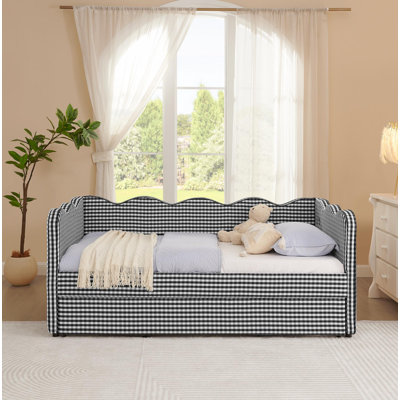 Lit de jour en vichy douillet avec lit gigogne simple et sans sommier, avec port USB et adorable tissu en lin ondulé 