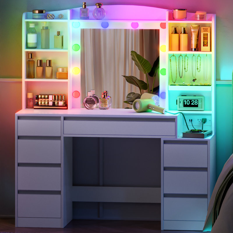 47.2'' Large Vanity Desk with a Mirror, Vanity with LED Light, Makeup Vanity with Power Strip, 8 Drawers and 8 Shelves,Simple, White
