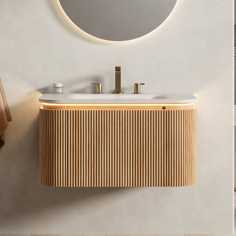 Meuble-lavabo de salle de bain 30 po DIEN, armoire rayée à bords arrondis avec tiroir, capteur de lumière, lavabo intégré en pierre frittée à motif de travertin, pré-assemblé, couleur grain de bois naturel, TH