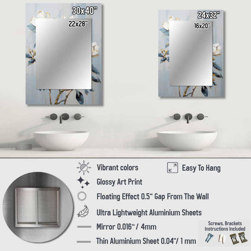 Minimalism White And Blue Magnolias Florescence I - WHITE Traditional Wall Mirror, 40" x 30"