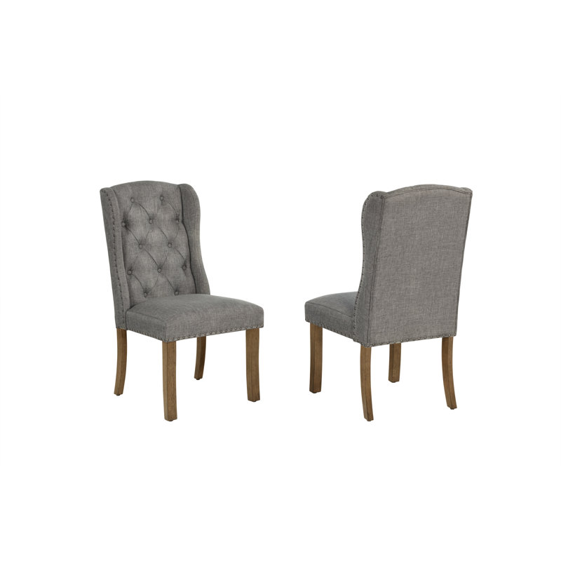 Winged Dining Chairs With Button Tufted Back, Gray