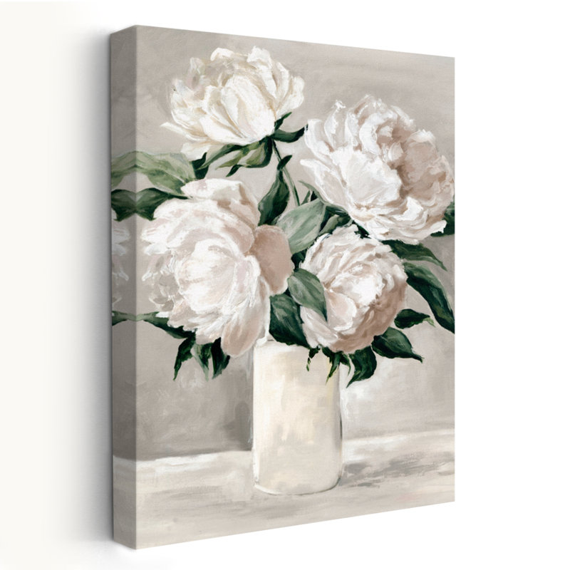 Fleurs et pivoines dans un vase blanc, H 24 po x l 16 po