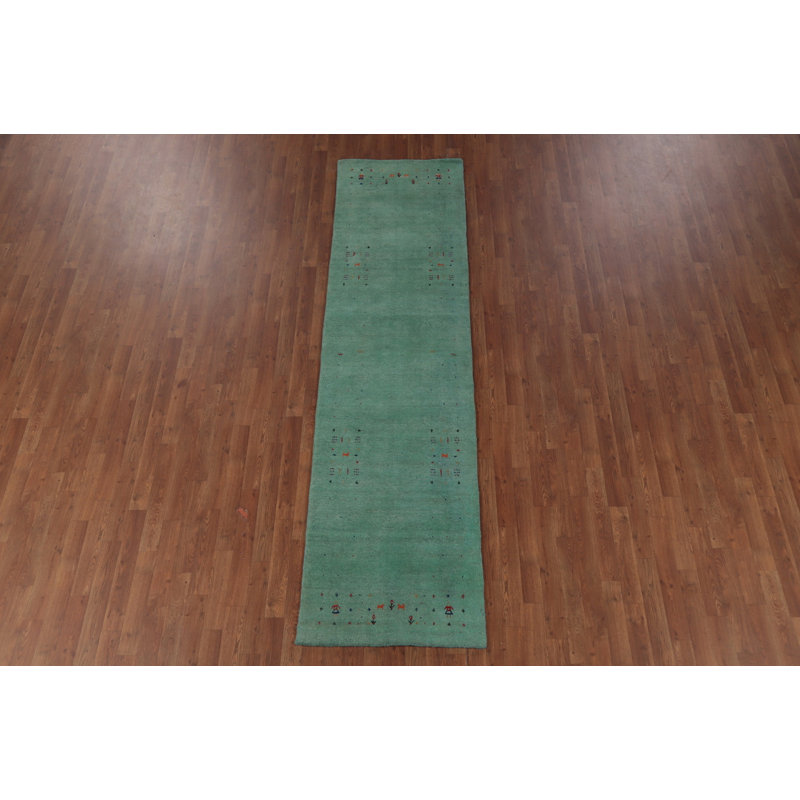 Tapis de couloir vert de style oriental Gabbeh 3 x 10