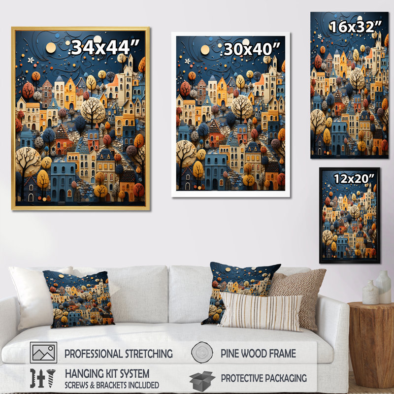 Collage sur toile bleu et jaune Mystic City, H 40 po x l 30 po x P 1,5 po, Cadre flottant doré