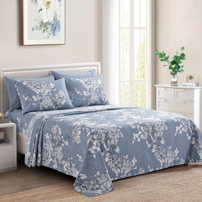Ensemble de draps en rayonne Marina Marina, Ensemble de draps pour lit double + un drap-housse, Floral, Gris / blanc