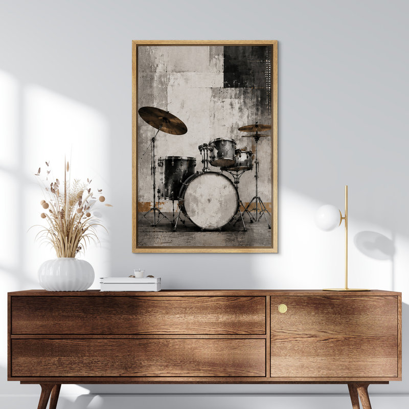 «Classic Drum Set Music Studio Artwork», reproduction d'art sur toile encadrée, 24" H x 16" W, Natural