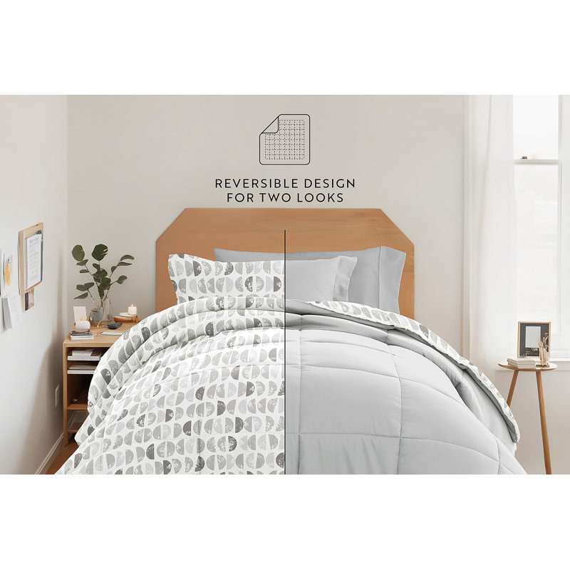 8-PC College Dorm Twin XL Bedding Bundle - Comforter Set, Sheet Set, Pillows and Laundry Bag, Moonlight Stars Light Gray