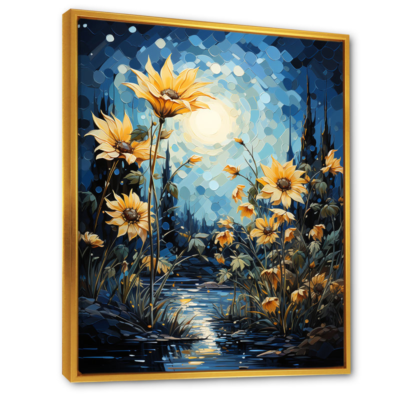 Expressionniste énergie tournesols sur toile, H 20 po x l 12 po x P 1 po, Cadre flottant doré