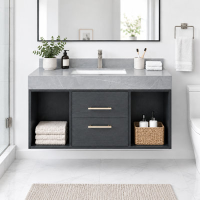 Salle de bain murale moderne 39 po avec lavabo, meubles-lavabos flottants avec deux tiroirs et tablettes, plateau en pierre frittée grise, armoire noire et lavabo en céramique blanche