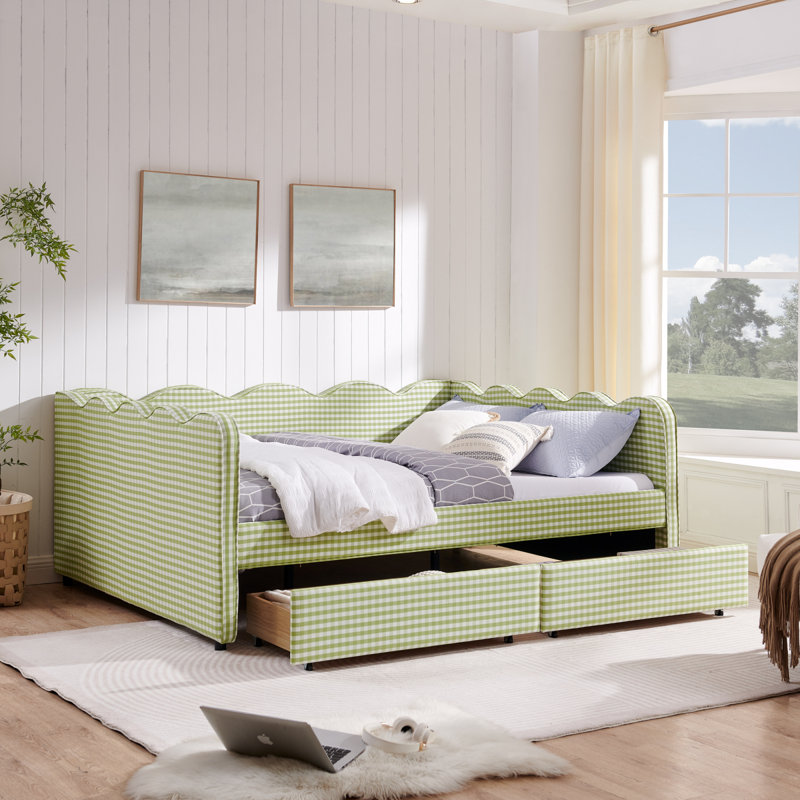 Queen Size Cozy Gingham Daybed With Two Storage Drawers, With USB Port And Adorable Wave Shaped, Linen Fabric, Queen, Green