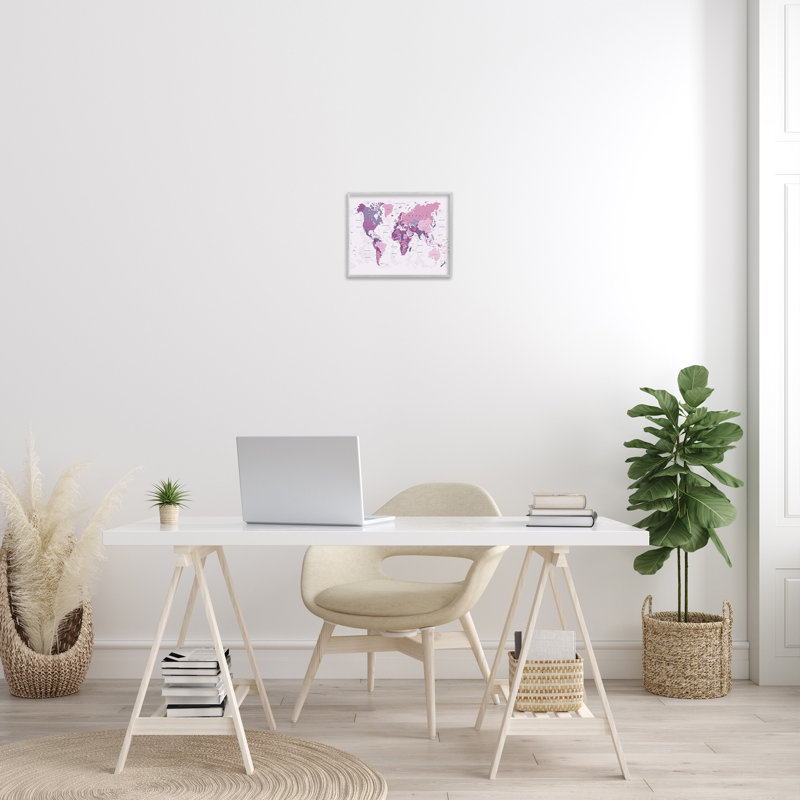Art giclée sur carte du monde détaillée par Urban Epiphant, H 11 po x l 14 po, Giclée encadrée blanc bord de mer