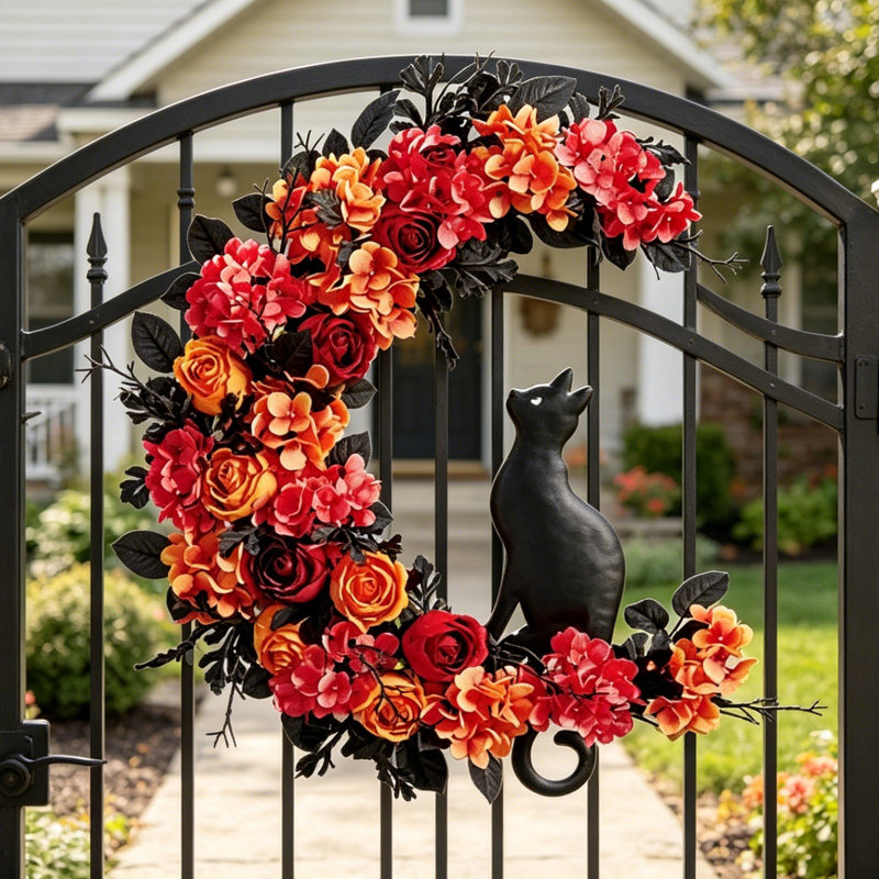 Décoration de porte d'Halloween en forme de couronne florale orange rouge rose