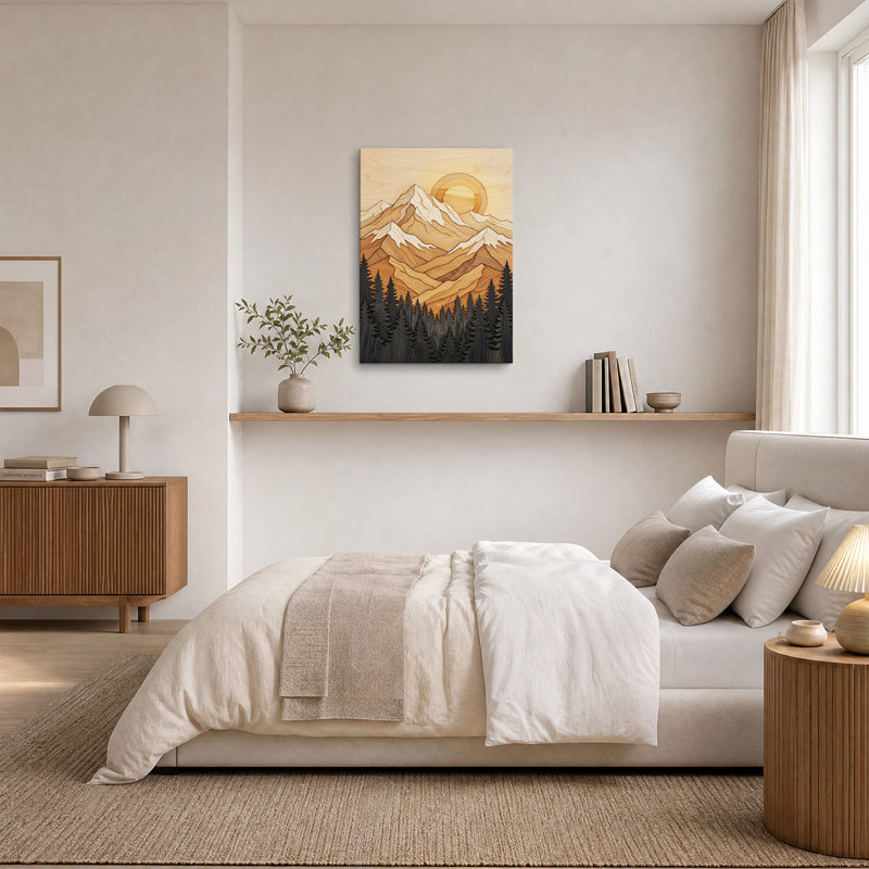 Tableau sur toile d'aspect bois représentant une chaîne de montagnes avec des pins, H 18 po x l 12 po