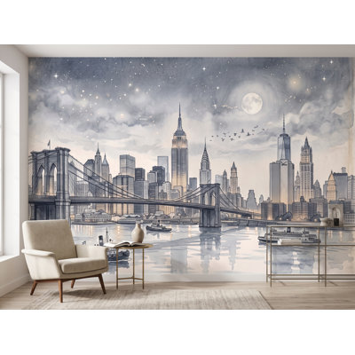 New York City Watercolor Wallpaper, Moonlit New York Skyline, New York Wall Mural, New York Architecture Decor 476DRE