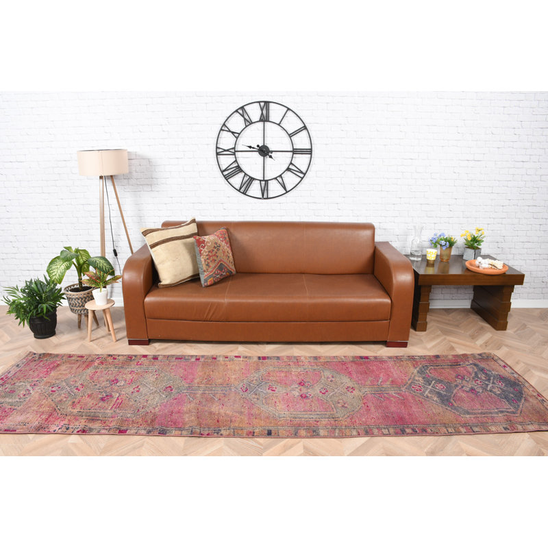 Handmade Vintage Turkish Oushak Carpet Runner Rug in Pink Tribal Design for Boho Home Decor Made of Wool