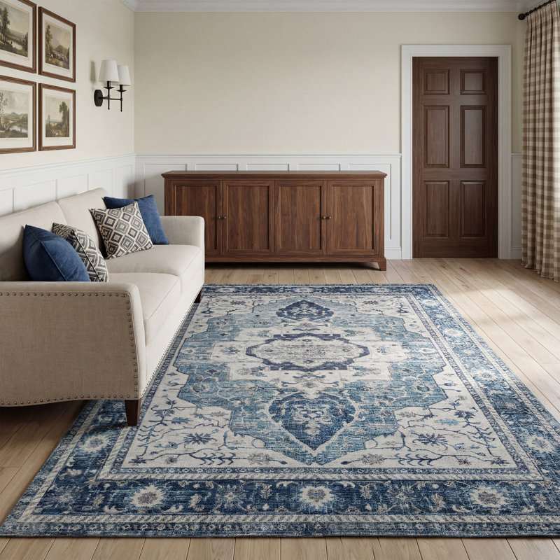Tapis Boho Vintage Medallion, Rectangulaire 8 pi x 10 pi, Bleu / Blanc / Gris