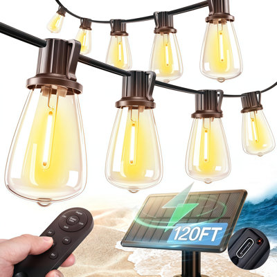 120FT Solar ST38 String Lights, 60‑Bulb Outdoor Patio Lights with Remote Control, 8 Lighting Modes, E12 Socket, 2700K Warm White, Black Cord with Hooks for Backyard Garden Decor