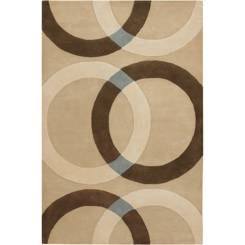 Bense Garza Wool Geometric Hand Tufted Brown & Cream Circles With Blue Accent On Beige Area Rug, Rectangle 2' x 3'