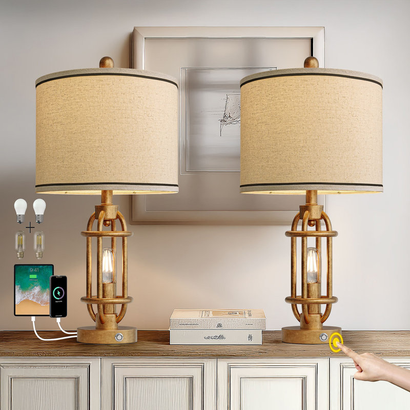 23.75" Industrial Style Touch Table Lamp With Usb Charging,for Living,office,hallway Including Bulb