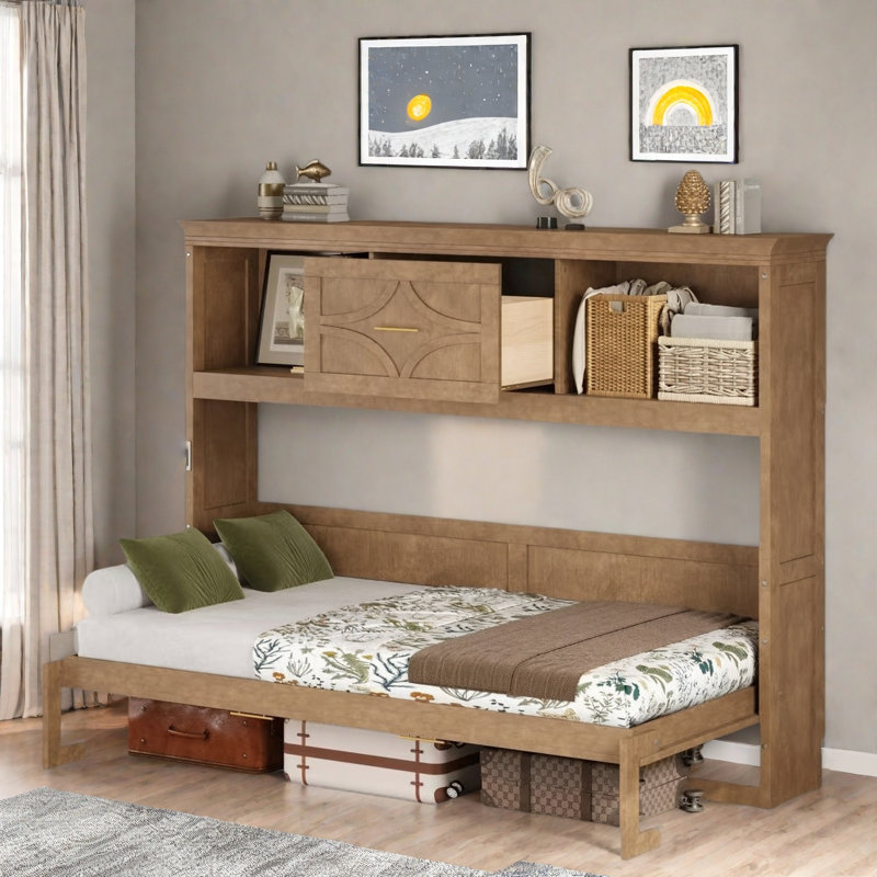 Lit escamotable avec station de charge, 2 armoires de rangement et 1 tiroir, Bois