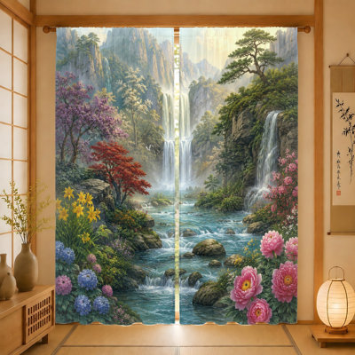 2 pièces de rideaux en cascade, impression de paysage luxuriant, accents floraux éclatants, tissu filtrant la lumière, conception à passe-tringle, pour le salon, la chambre à coucher, le balcon, la décoration intérieure