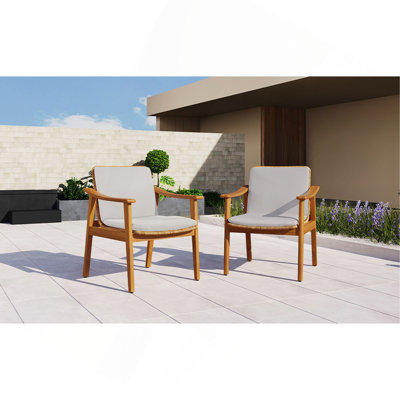Ensemble de 2 chaises de salle à manger d'extérieur, structure en bois d'acacia couleur teck, osier PE brun, coussin imperméable gris, idéal pour les patios et les jardins