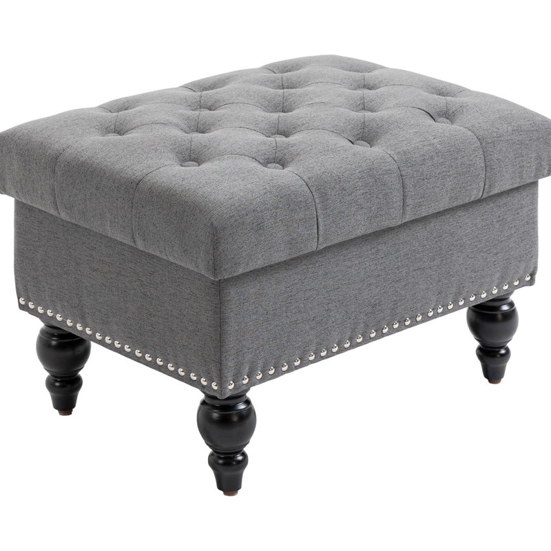 25-inch With Removable Lid And Button- Cushioned Seat, Gray Linen Bench For Living Room Footrest Wood Legs Studded Trim Lid, 25" Well - Made
