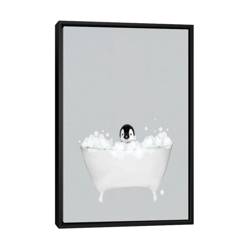 «Penguin Blue Bath» par Leah Straatsma - reproduction d'art, Pas de tapis, H 60 po x l 40po x P 1,5 po, Toile avec cadre noir