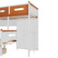Lit superposé simple au-dessus d'un lit double en bois avec garde-robe, tiroirs, tablettes et éclairage à DEL (blanc et orange)
