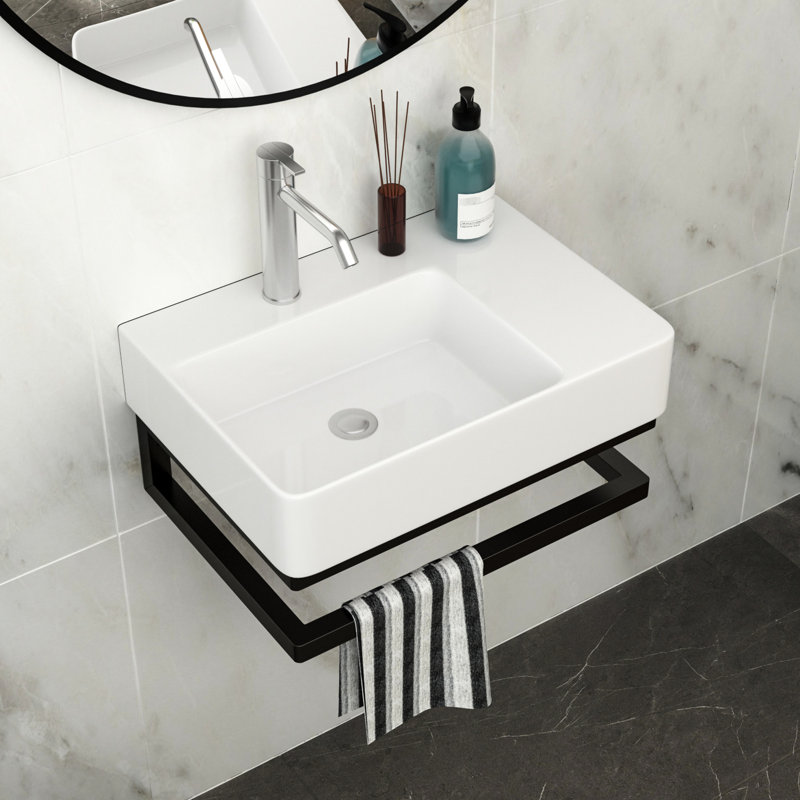 Lavabo mural rectangulaire en céramique 23,36 po x 16,5 po, avec barre porte-serviettes intégrée et barre noire, idéal pour les pièces à forte fréquentation.